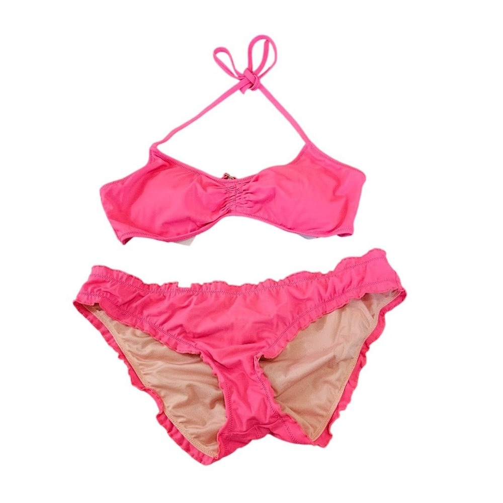 Victorias Secret Hot Pink Ruffle Bikini Set Halter Top Ruched Bottoms Medium